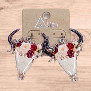NWT Steer Skull Boho-Chic Longhorn Floral Western Earrings